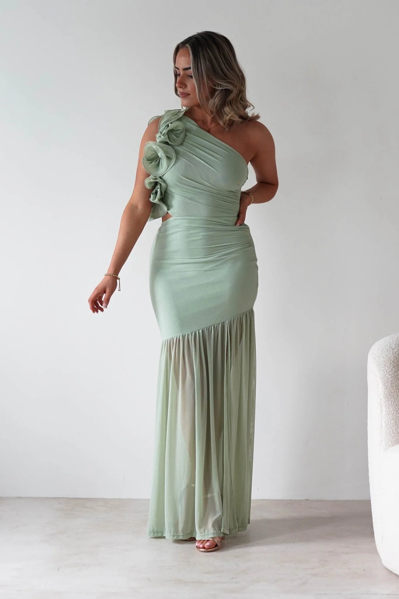 Stephanie Mesh Ruffle Maxi Dress | Sage