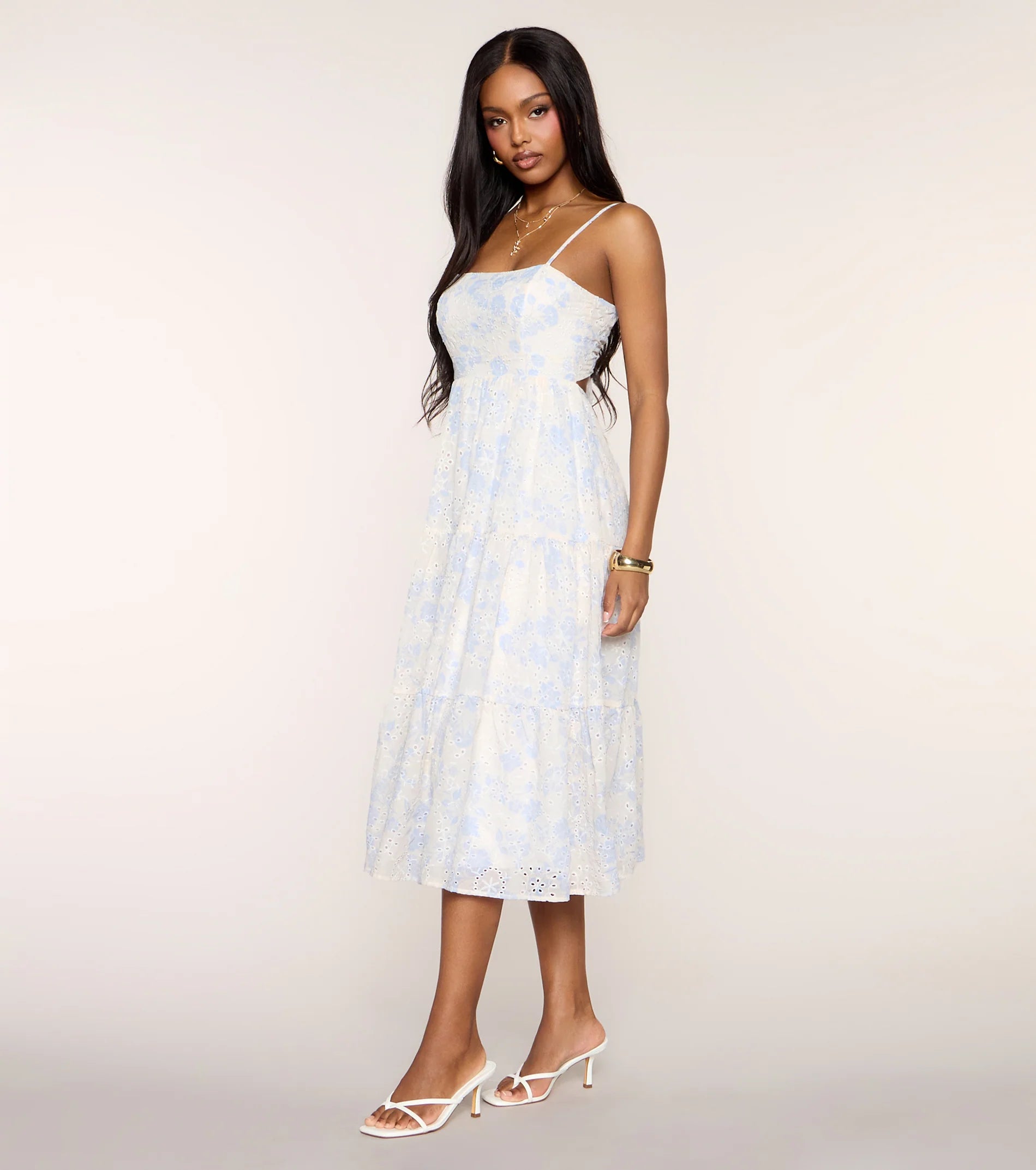 My Cute Side Tie-Back Floral Eyelet Midi Dress