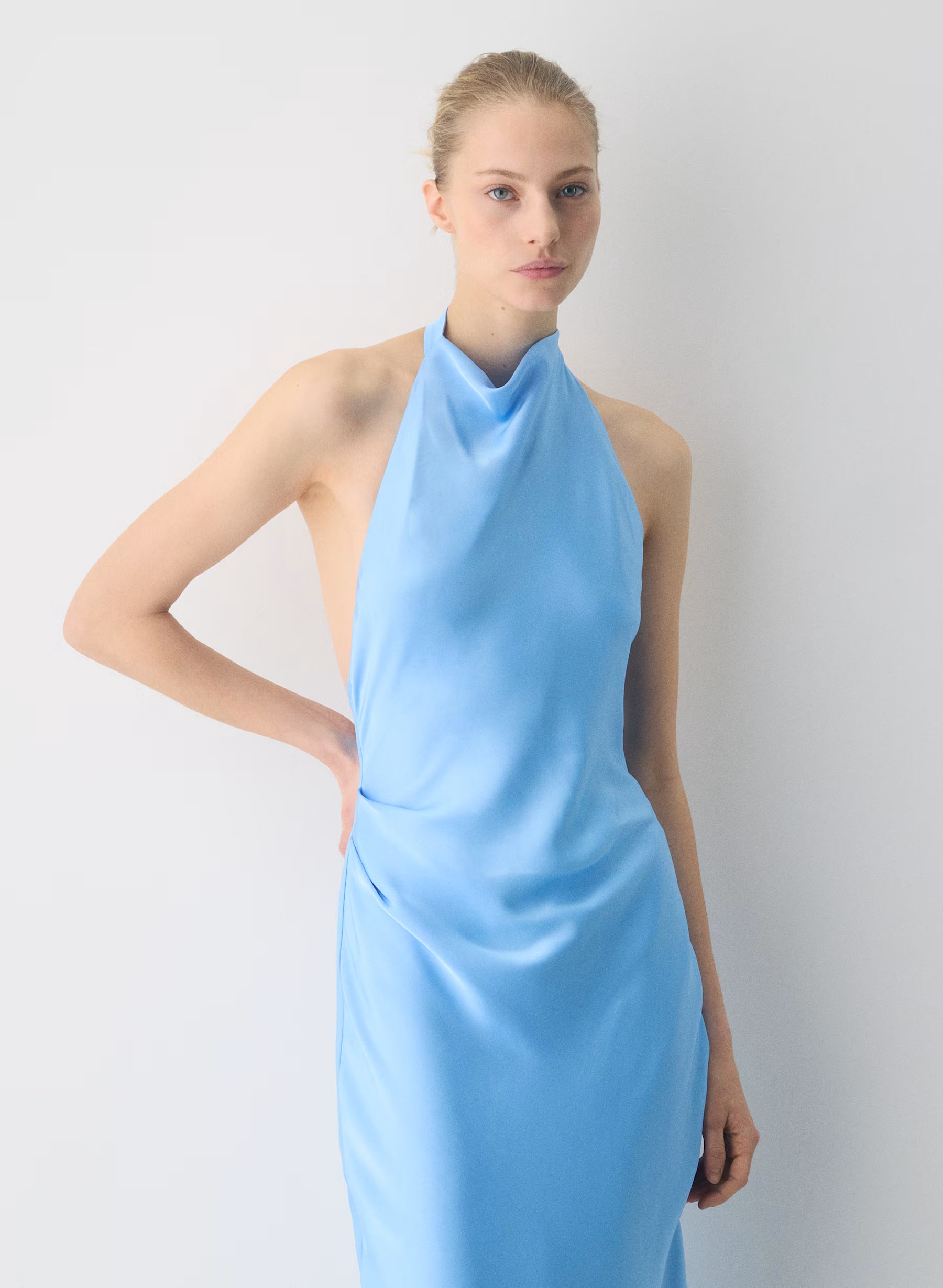 Double satin bias-cut maxi halter dress