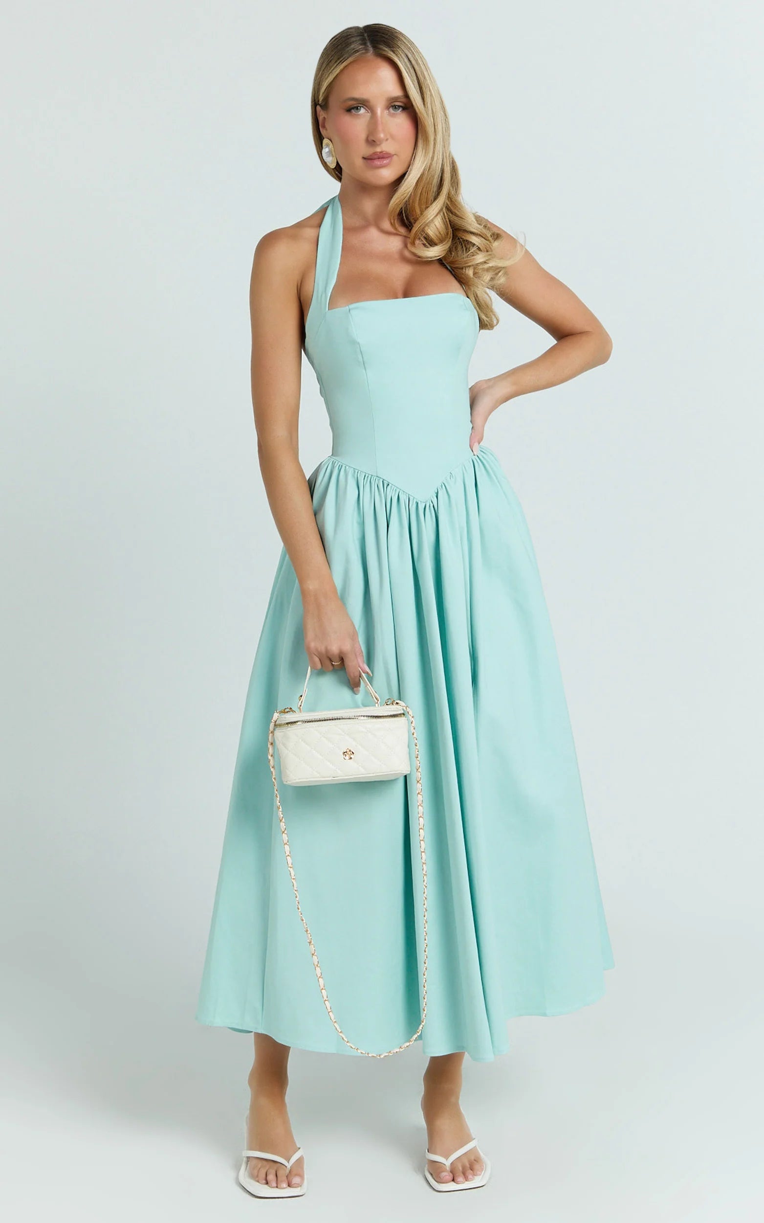 Halter Tie Neck Corset Panel Dress in Mint