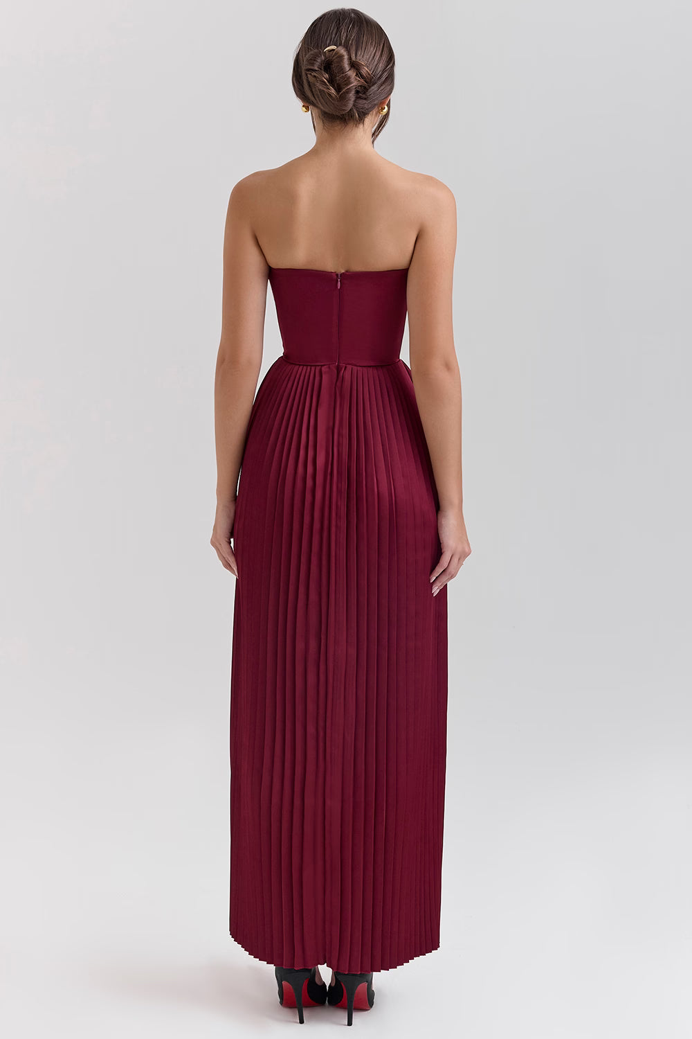 berry pleated satin maxi dress
