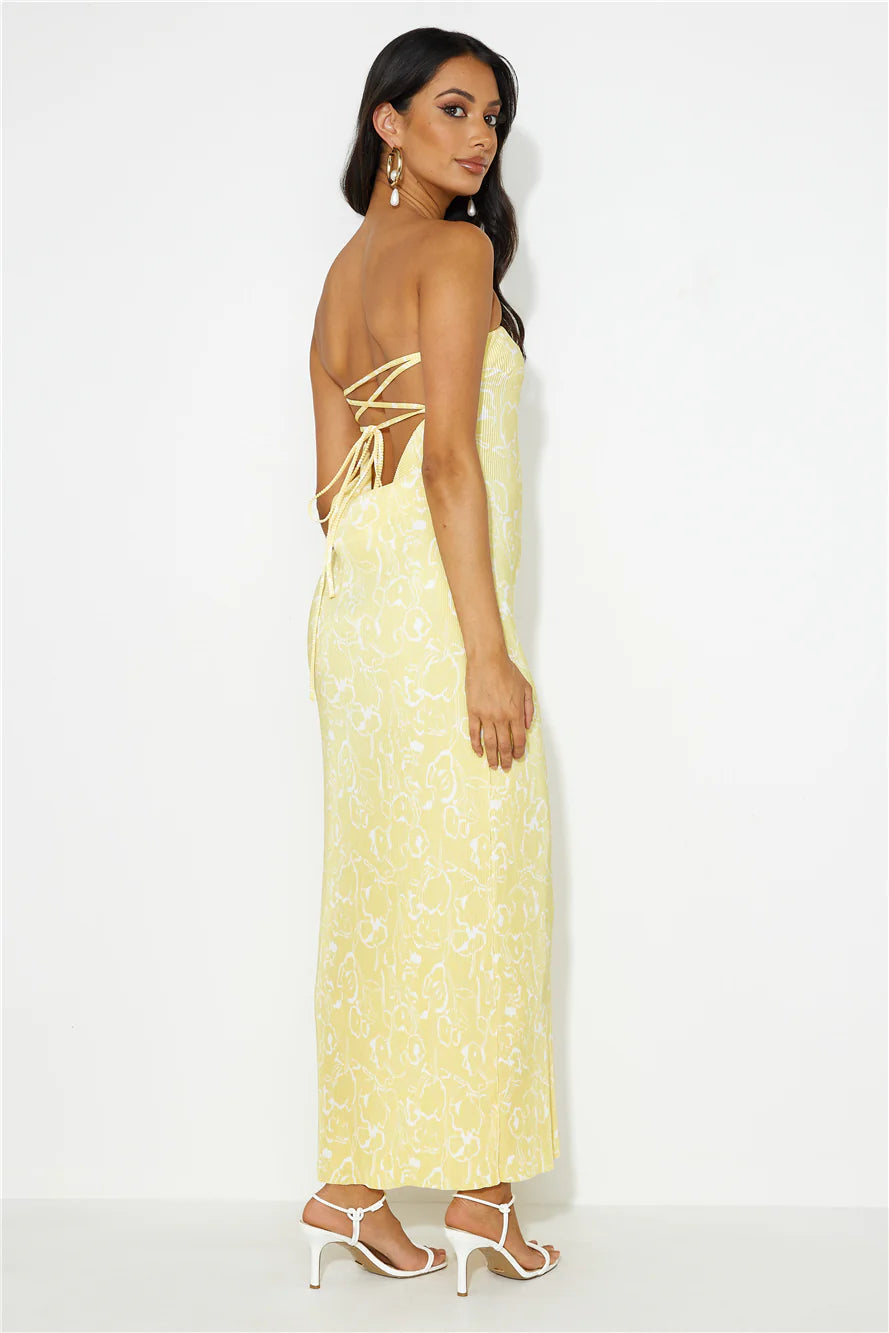 Sharp Style Strapless Plisse Maxi Dress Yellow