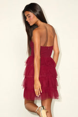 Fabulous Thoughts Wine Red Tulle Strapless Tiered Mini Dress