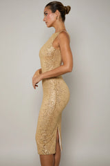 Embellished Open-Back Midaxi Dress in Gold