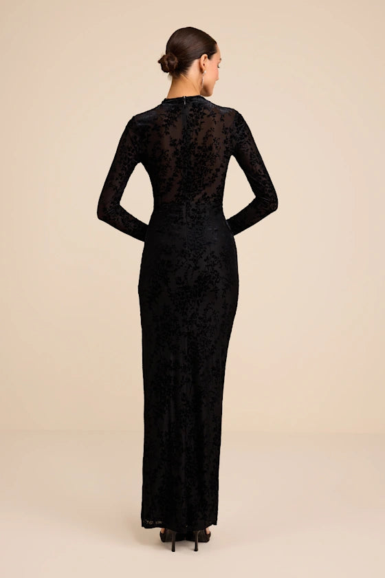 Neilina Black Velvet Jacquard Mock Neck Maxi Dress