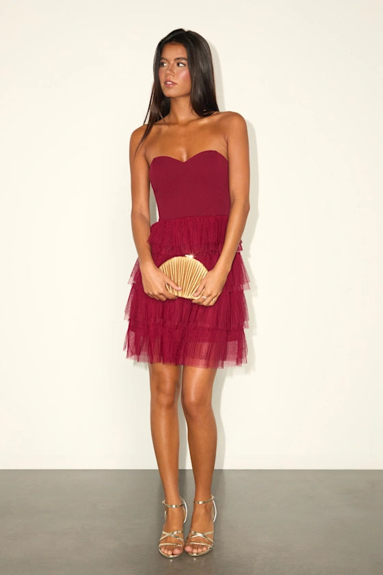 Fabulous Thoughts Wine Red Tulle Strapless Tiered Mini Dress