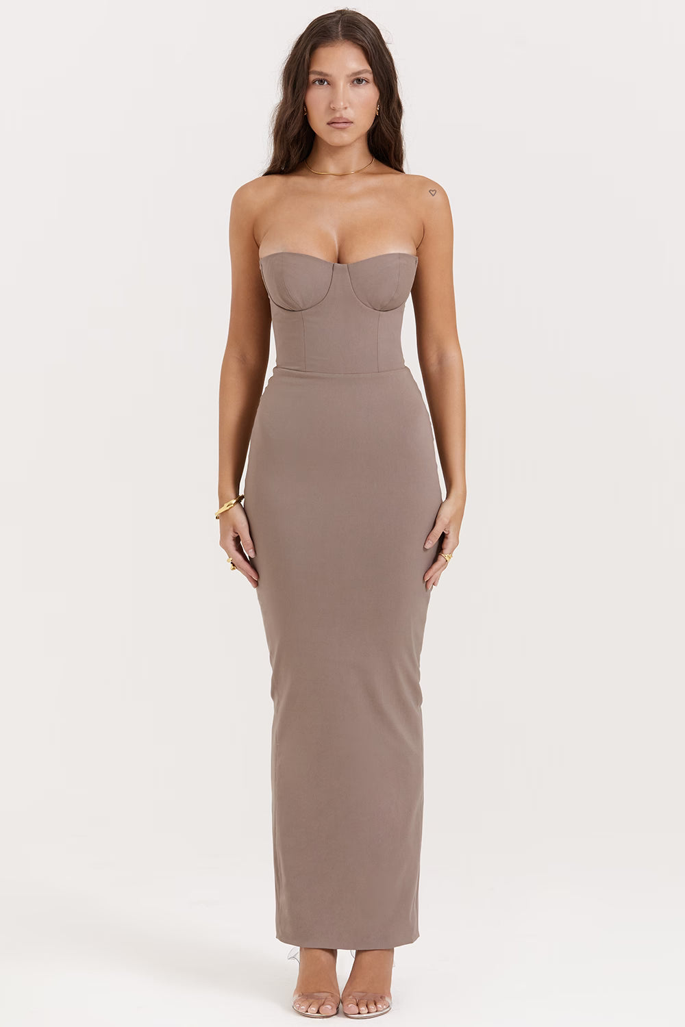 taupe strapless corset maxi dress
