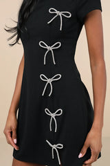 Endearing Sparkle Black Rhinestone Bow Mini Dress