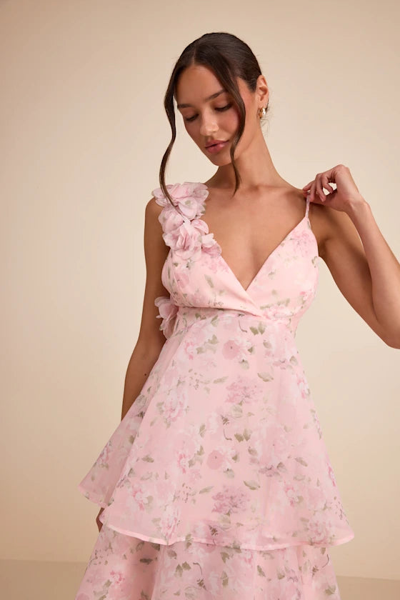 Daleyza Light Pink Floral Organza Tiered Midi Dress