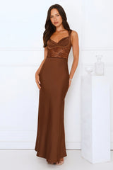 Permission To Party Satin Maxi Dress Brown