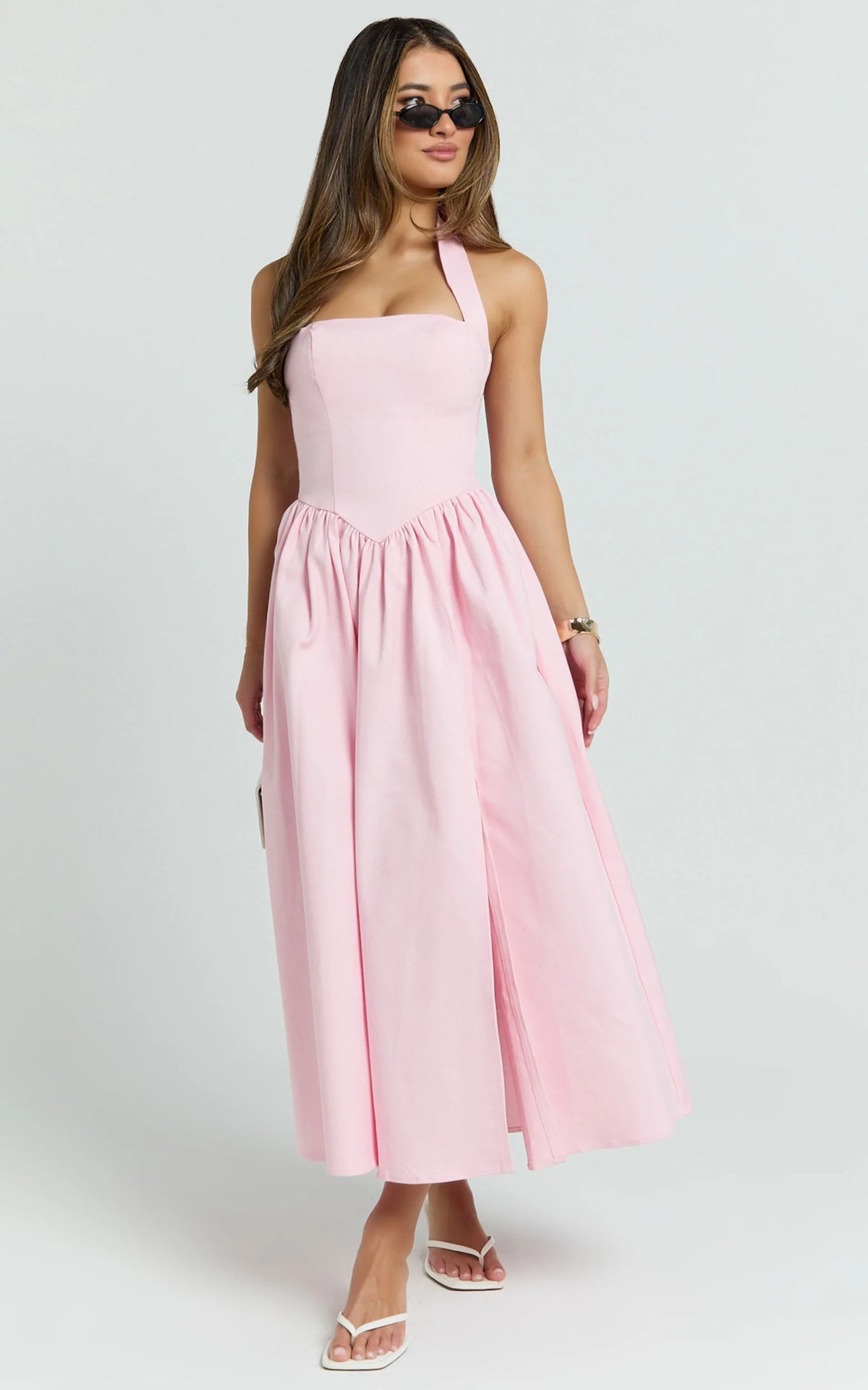 Halter Tie Neck Corset Panel Dress in Pink