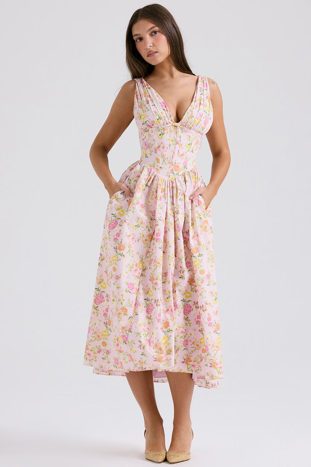 pink meadow print cotton corset sundress