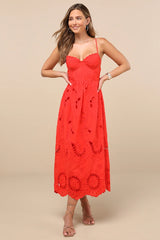 Jenora Bright Red Embroidered Bustier Midi Dress