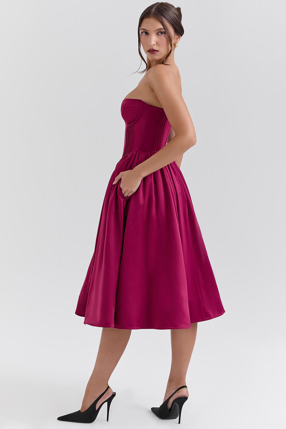 burgundy satin tulle midi dress - sale
