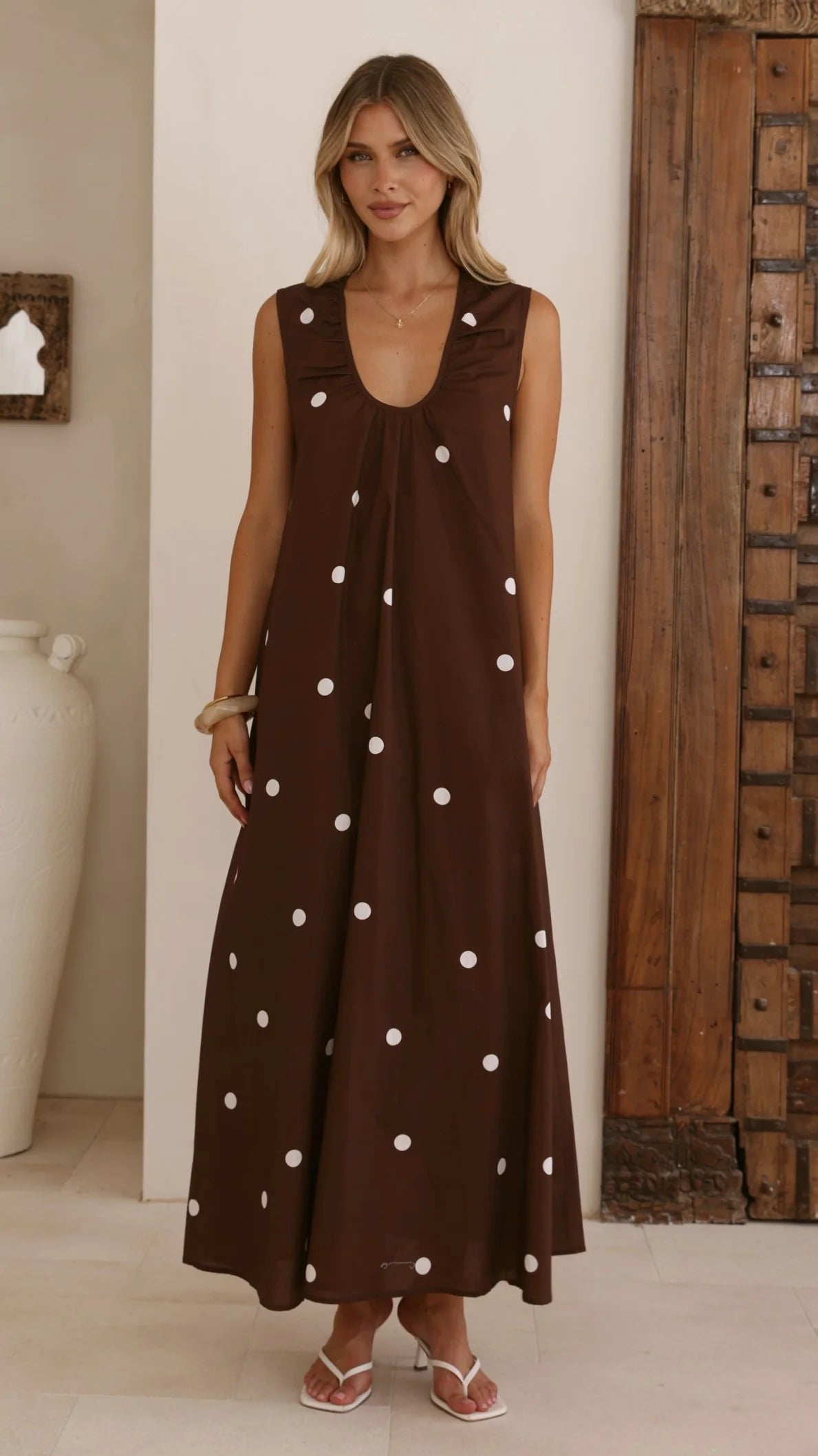 Scout Maxi Dress - Chocolate/White Polka