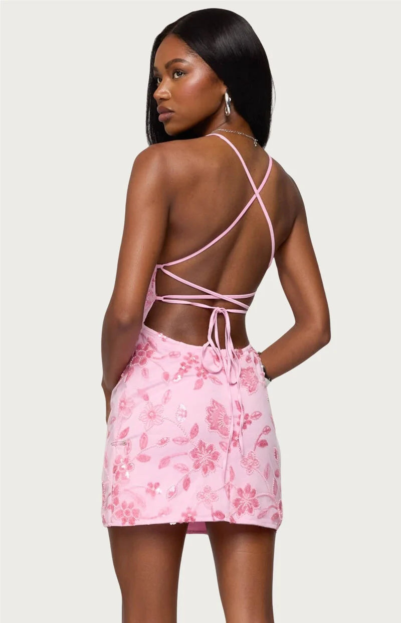 Ayv Sequin Floral Backless Mini Dress