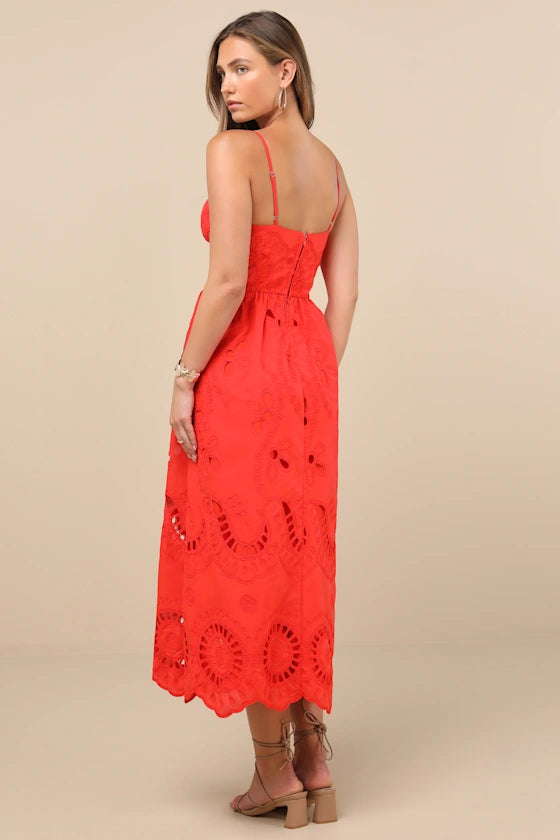 Jenora Bright Red Embroidered Bustier Midi Dress