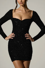 Embellished Sweetheart-Neck Mini Dress in Black
