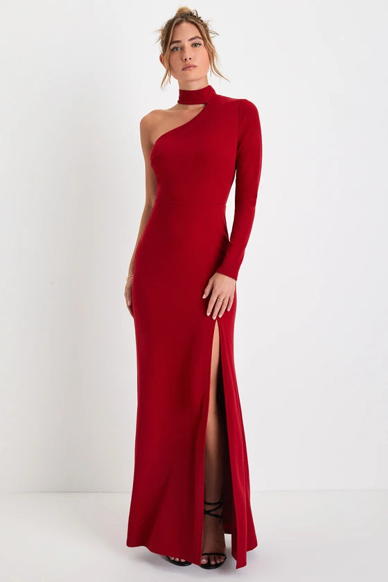Keep It Interesting Red Cutout One-Shoulder Maxi Dress