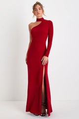 Keep It Interesting Red Cutout One-Shoulder Maxi Dress