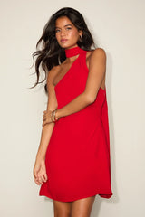 Isloda Red One-Shoulder Backless Sash Mini Dress