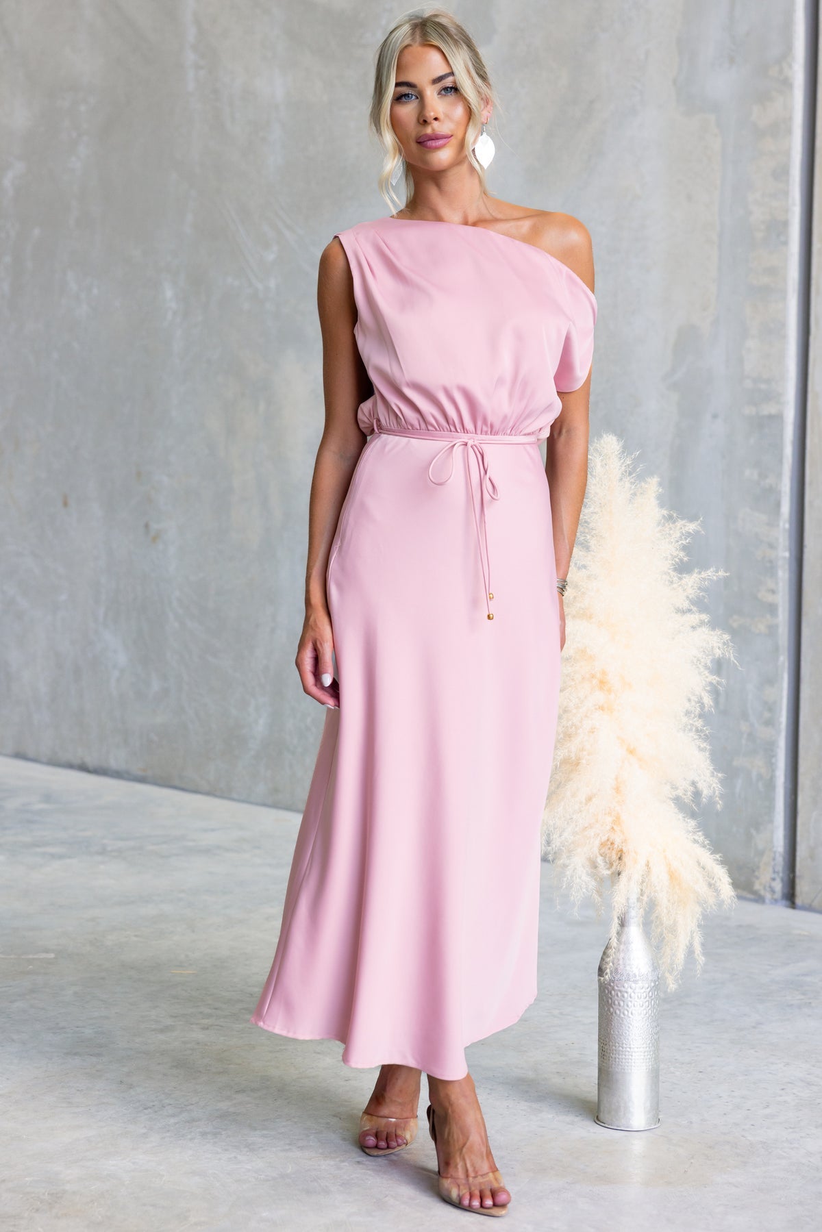 Solid Color One-shoulder Sleeveless Belted Casual Maxi Dress