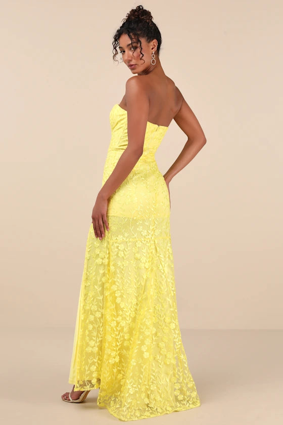 Romantic Beauty Yellow Floral Embroidered Strapless Maxi Dress