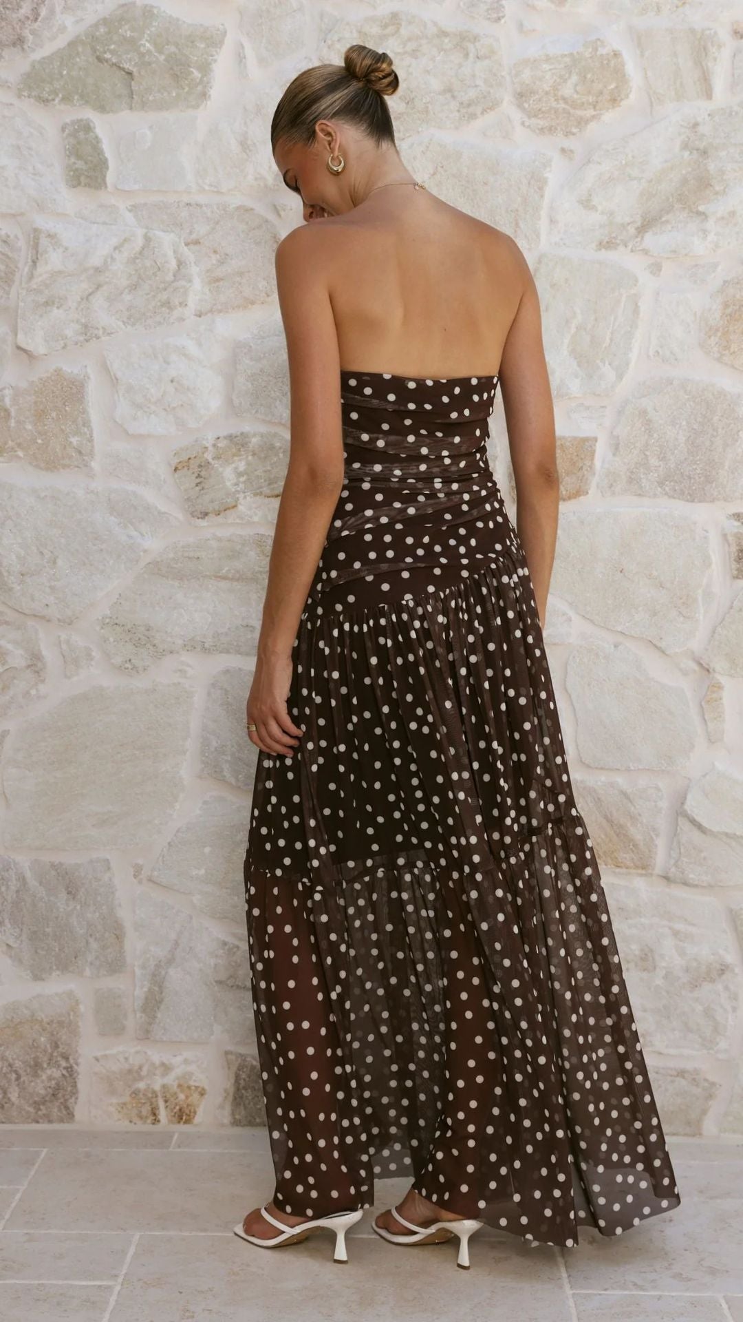 Polka Dot Strapless Ruched Maxi Dress