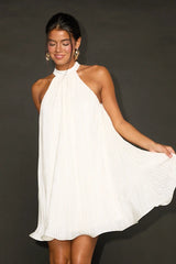 Vaivah Ivory Satin Plisse Mock Neck Swing Mini Dress