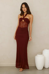 Irresistible Style Mesh Halter Maxi Dress Burgundy