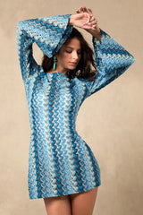 Valestra Blue Striped Crochet Long Sleeve Swim Cover-Up Dress