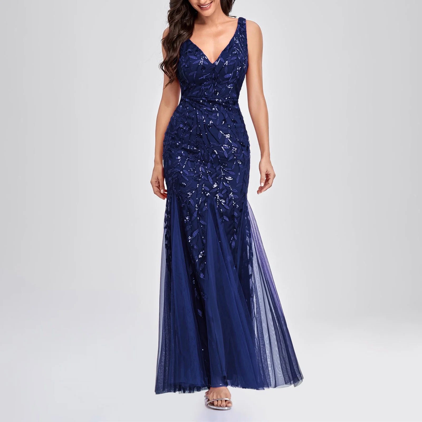 Long Ball Gowns for Women Sparkly Formal Chiffon Sequin Dress V Neck Prom Maxi Dress Bodycon Mermaid Evening Gowns