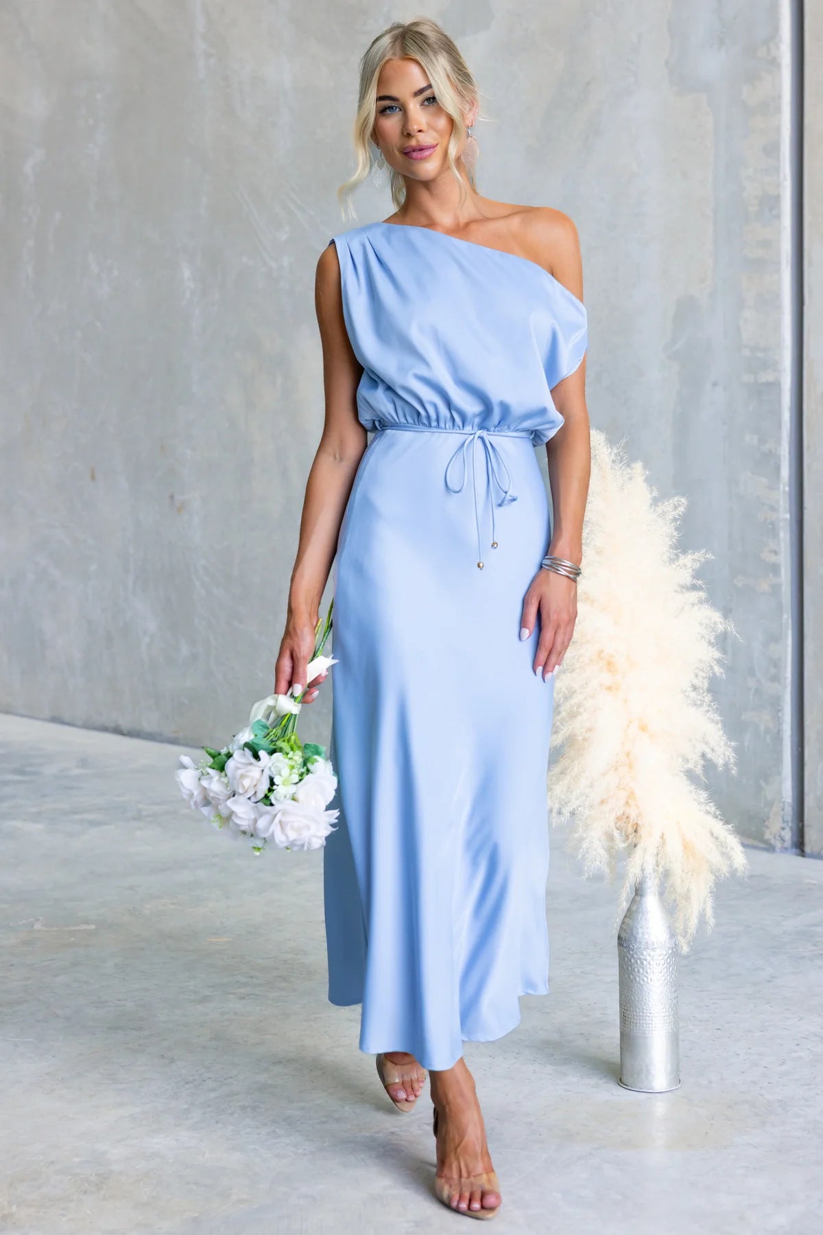 Solid Color One-shoulder Sleeveless Belted Casual Maxi Dress