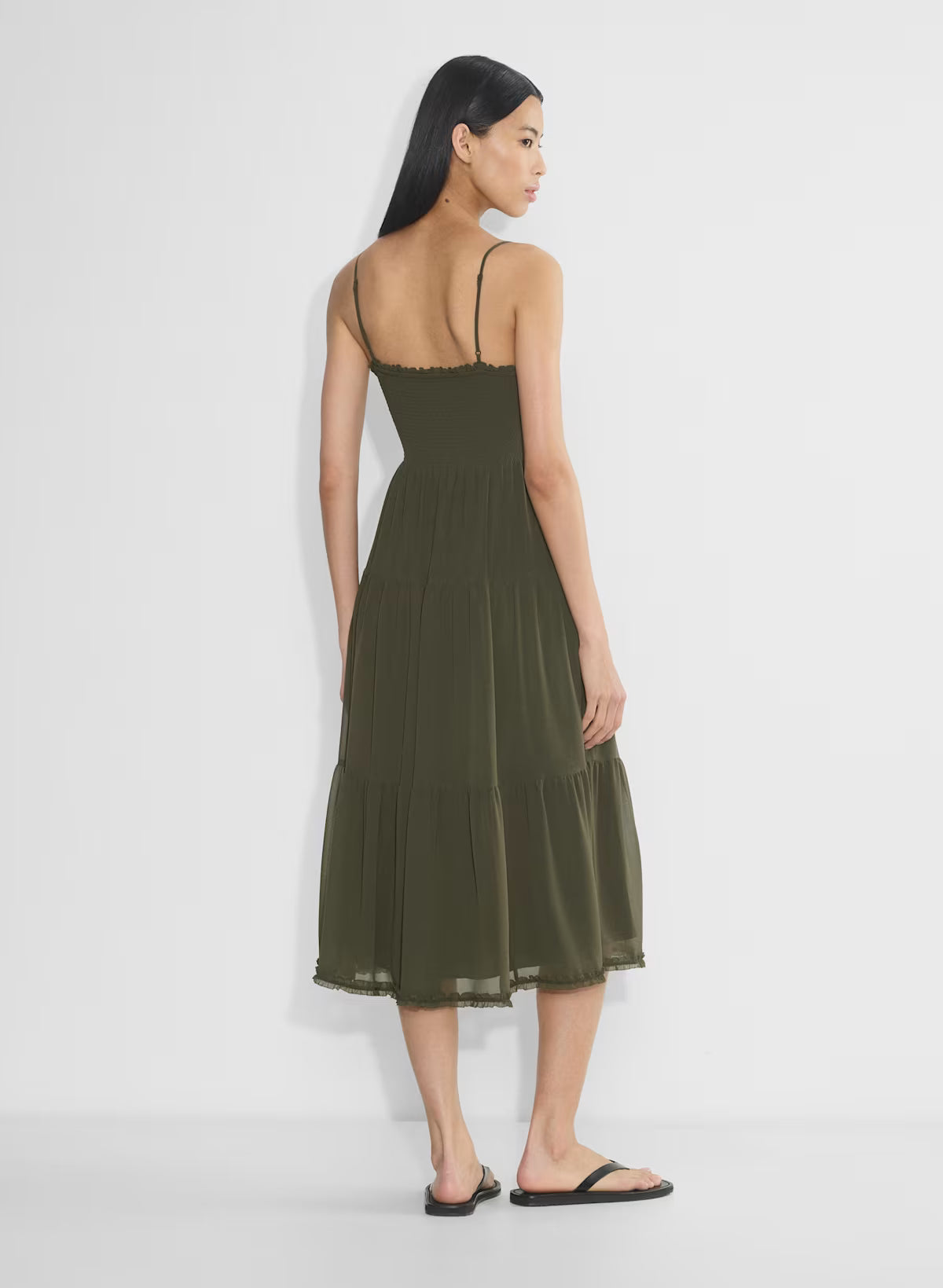 Chiffon tiered V-neck midi dress— dark olive