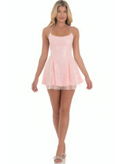 Kelsey Rhinestone Sequin Flared Dress in Pink