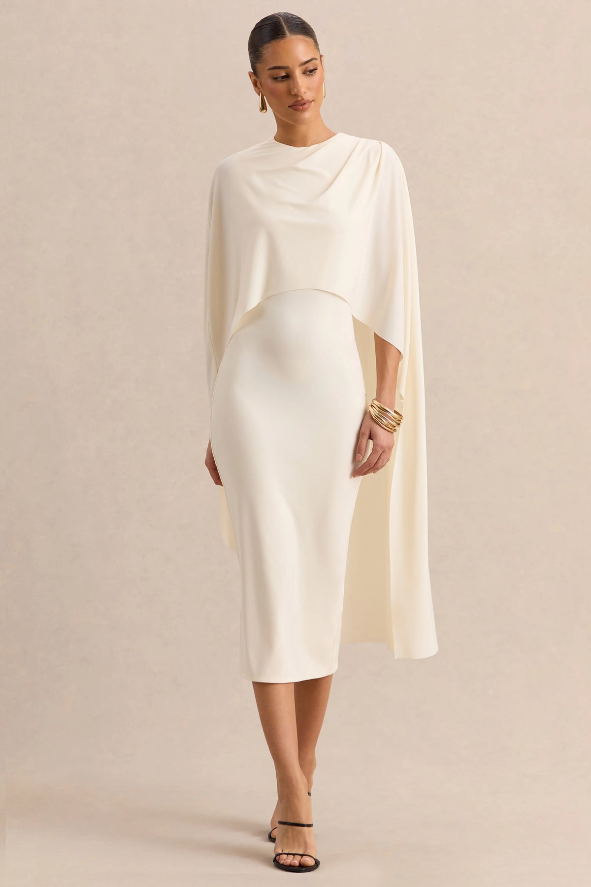 Luxalyn | Cream Round-Neck Midi Dress With Cape-Detail