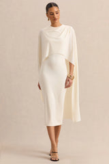 Luxalyn | Cream Round-Neck Midi Dress With Cape-Detail
