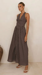 Polka Dot Print Halter Neck Fitted Waist Holiday Maxi Dress