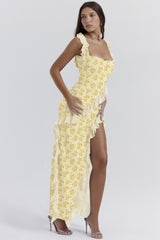 cherry ruffle maxi dress-yellow flower
