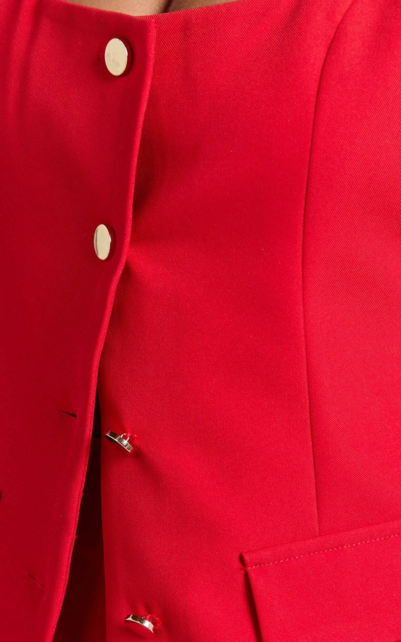 Phyllis Two Piece Set - Tailored Scoop Neck Vest Top and A Line Mini Skirt Set in Red