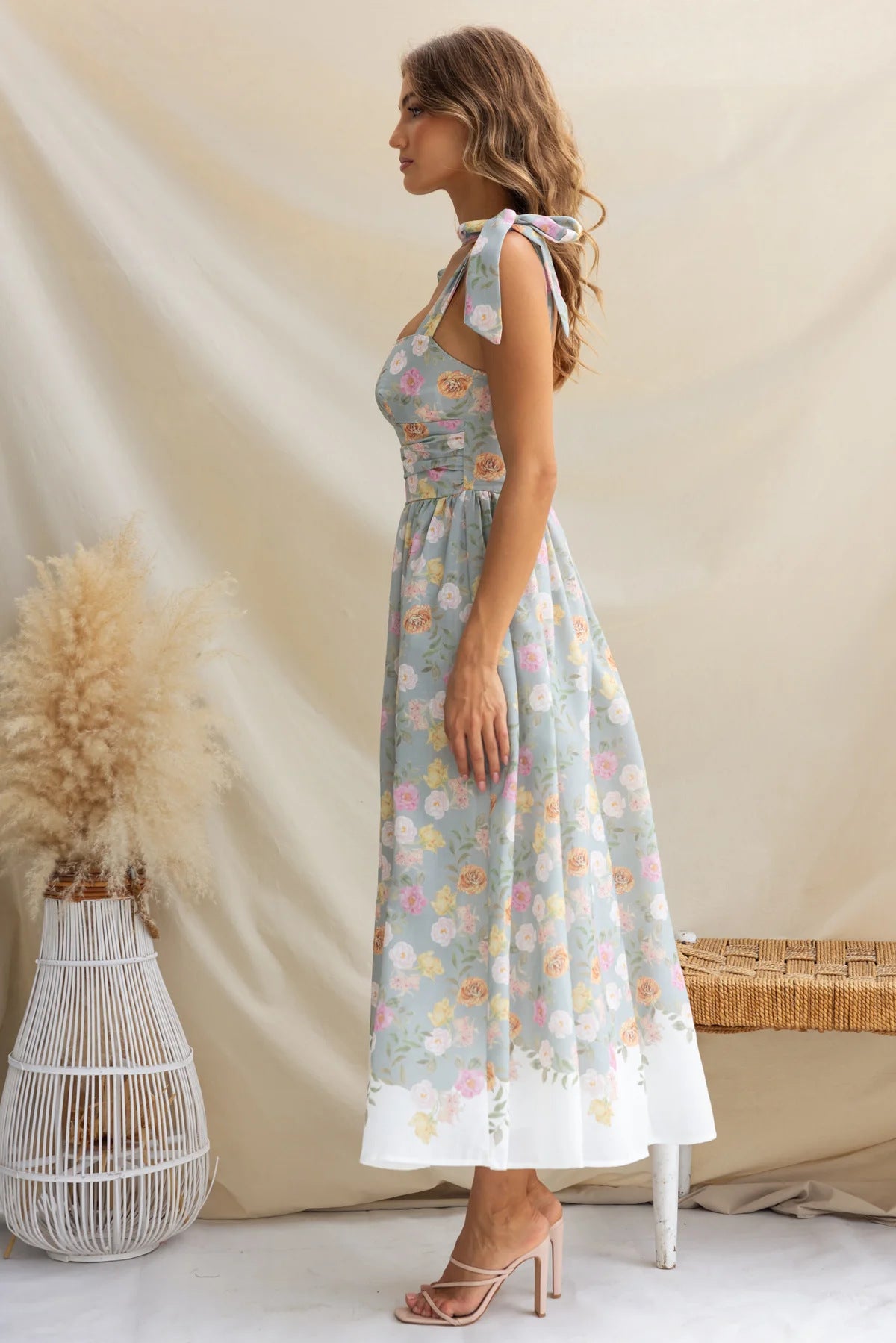Printed Tie Shoulder Midi Cami Dress