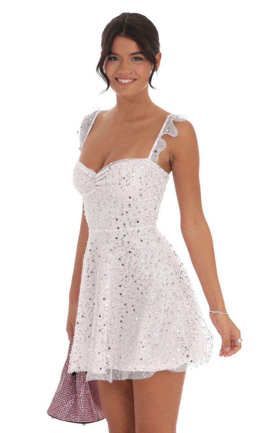 Sequin Ruffle Strap A-Line Dress in Pink