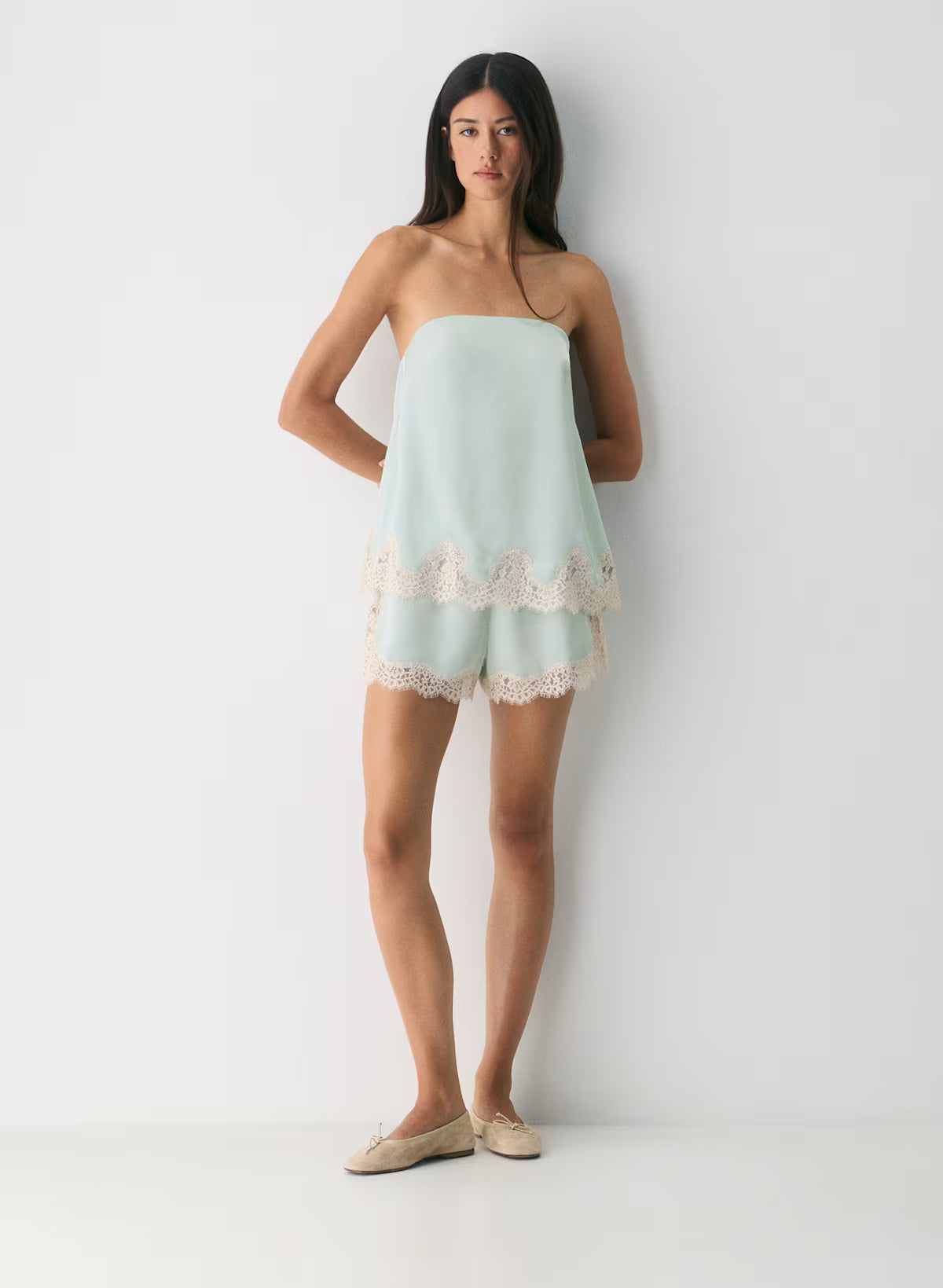 Double satin shorts with lace trim