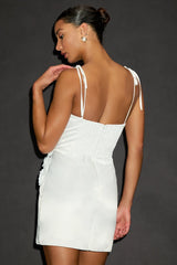 Nafissa White Satin Floral Applique Tie-Strap Mini Dress