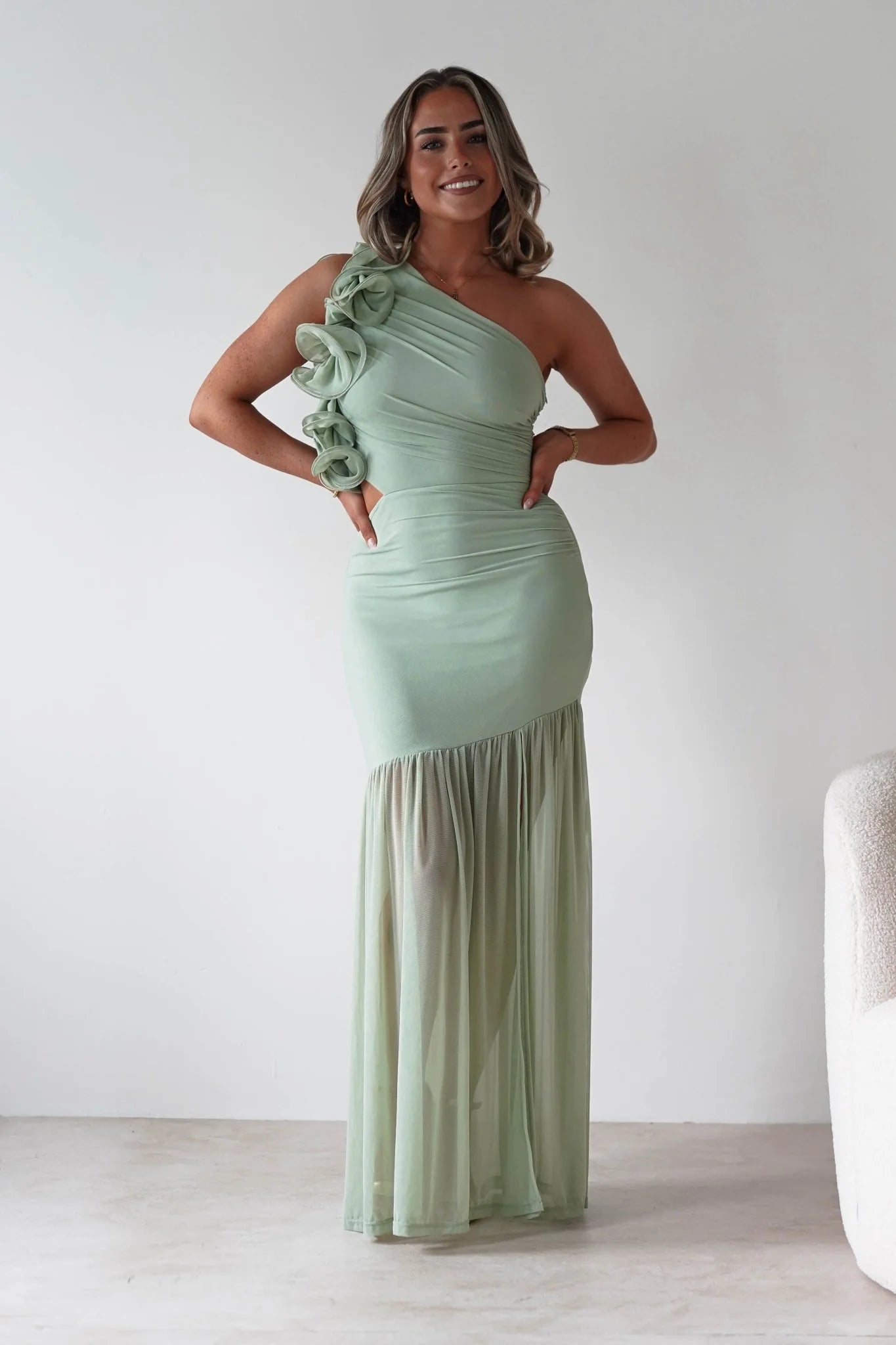 Stephanie Mesh Ruffle Maxi Dress | Sage