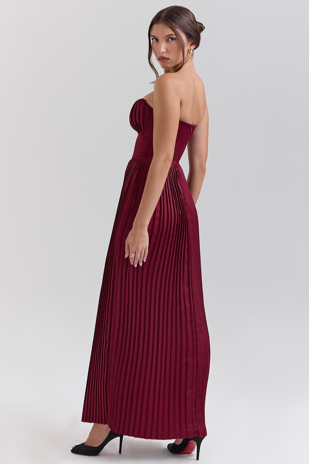 berry pleated satin maxi dress