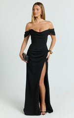 Off Shoulder Corset High Split Dress in Black
