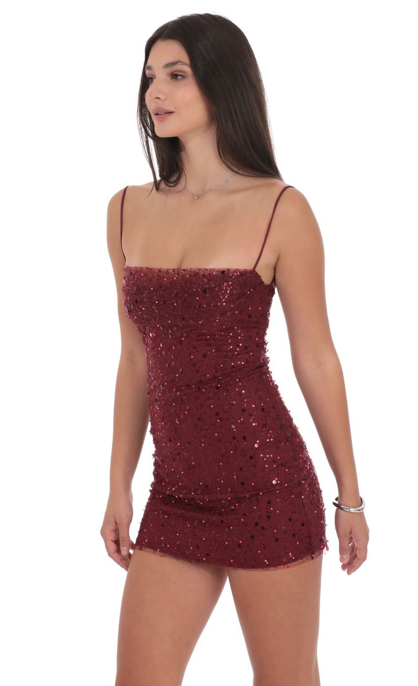 Draped Sequin Beaded Bodycon Dress in Burgundy