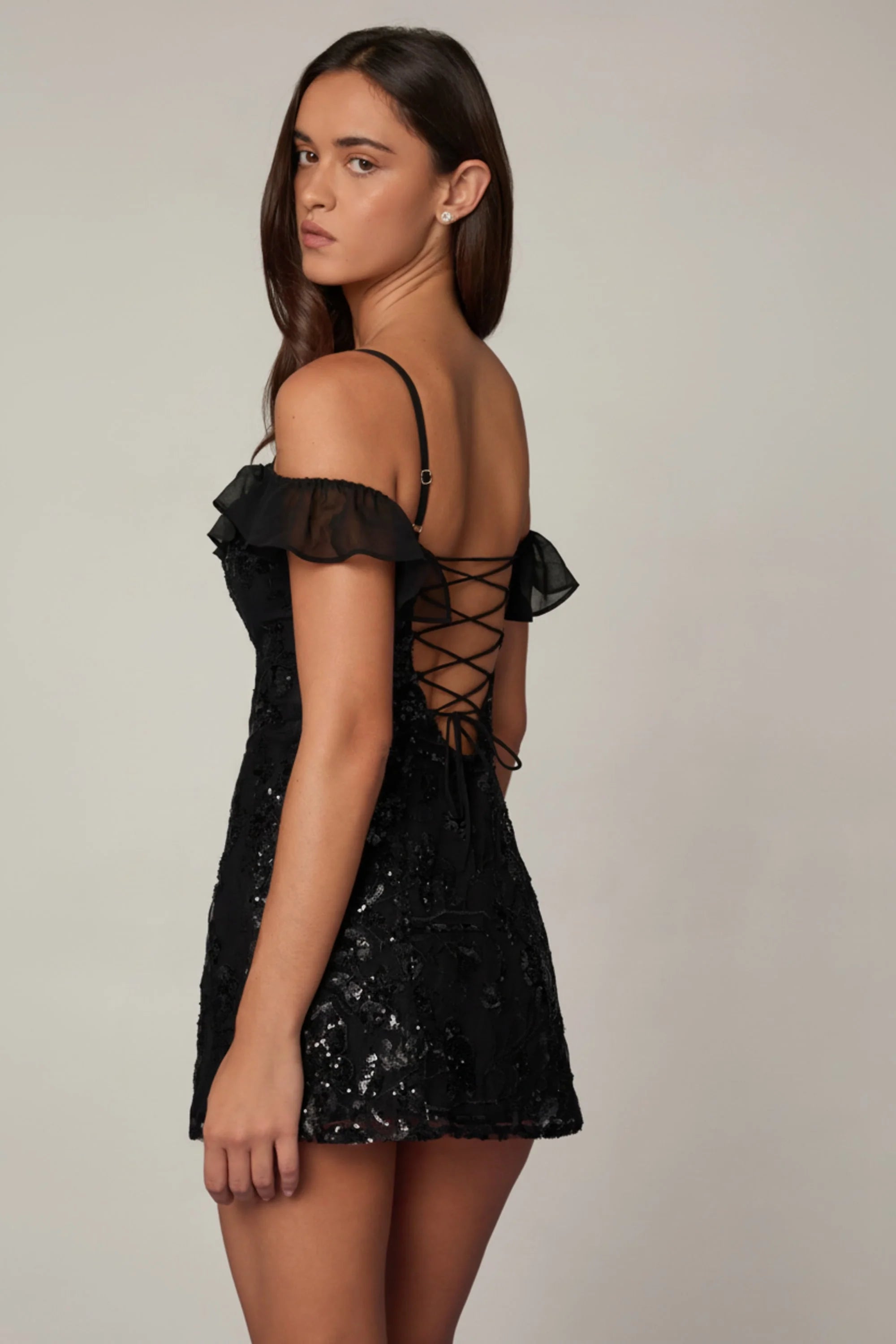 Embellished Lace-Up A-Line Mini Dress in Black