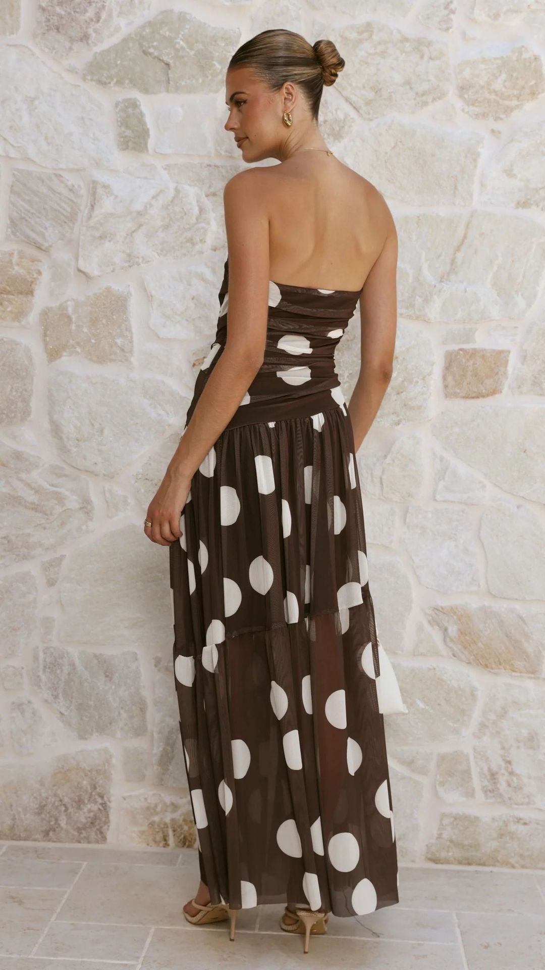 Polka Dot Strapless Ruched Maxi Dress